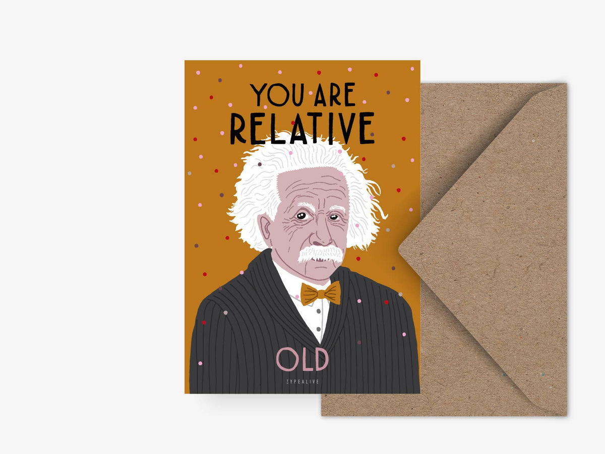 Relative Old birthday postcard featuring Einstein