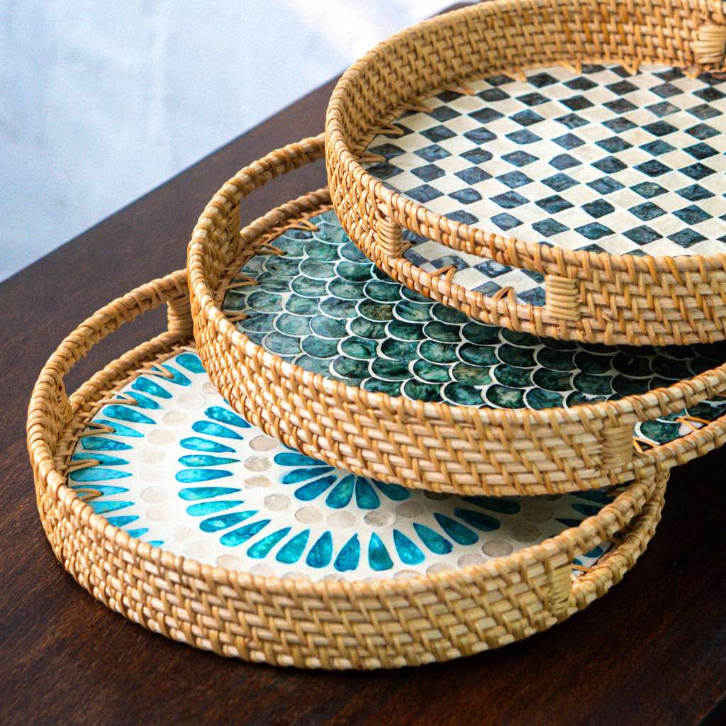 Natural rattan wicker serving tray
